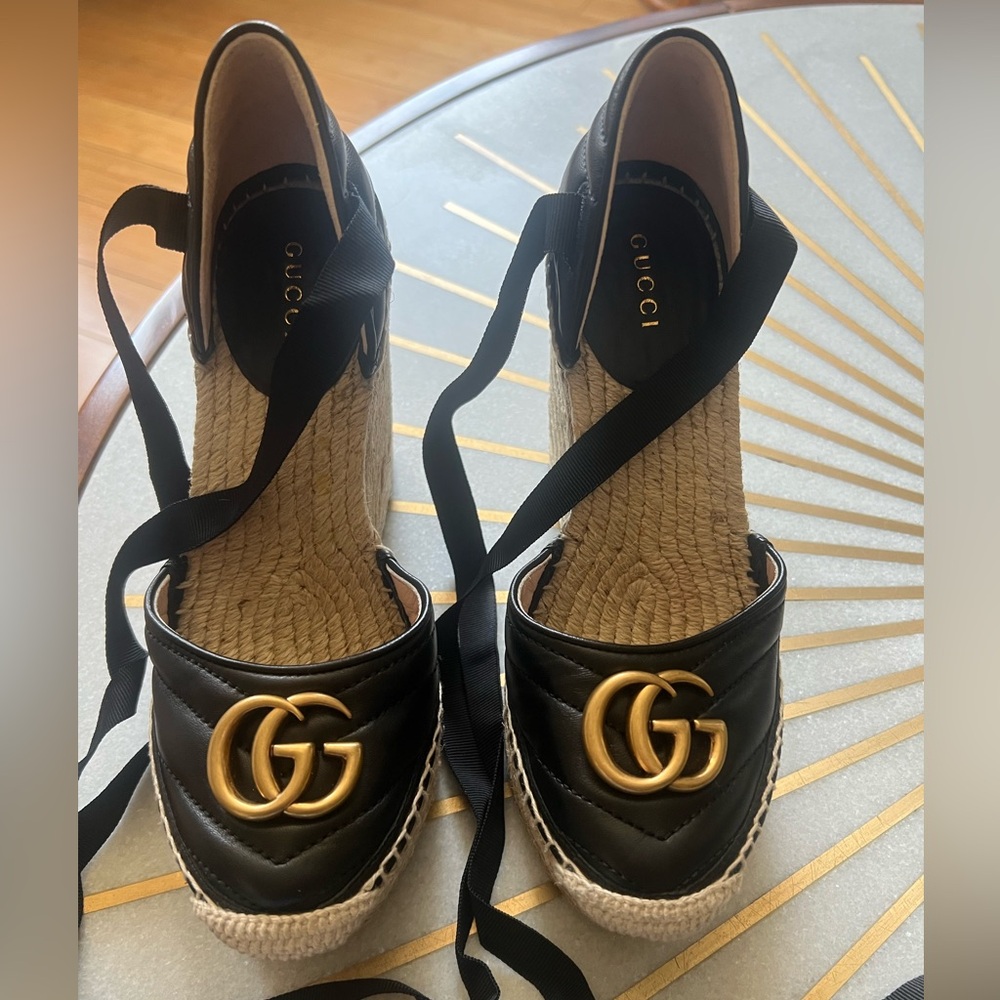 Size 35 1/2 Gucci Black Leather Marmont Ankle Tie Espadrilles.